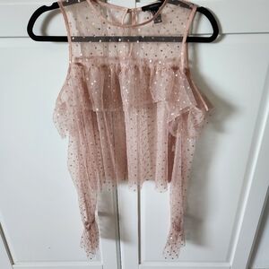 FOREVER 21, Pink tulle blouse gold polka dots, Size M